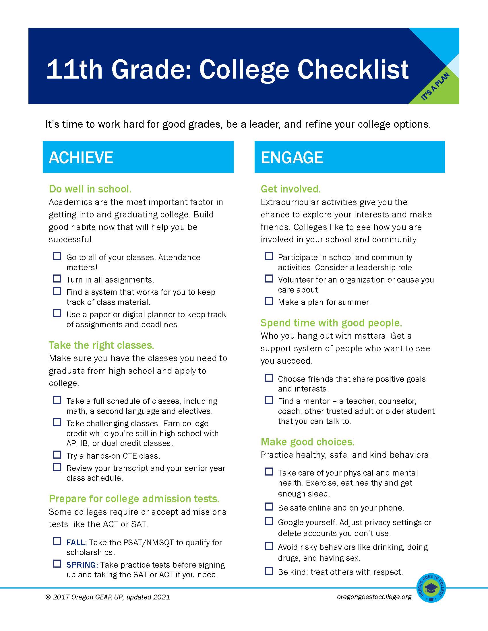 Screenshot of 11th grade checklist