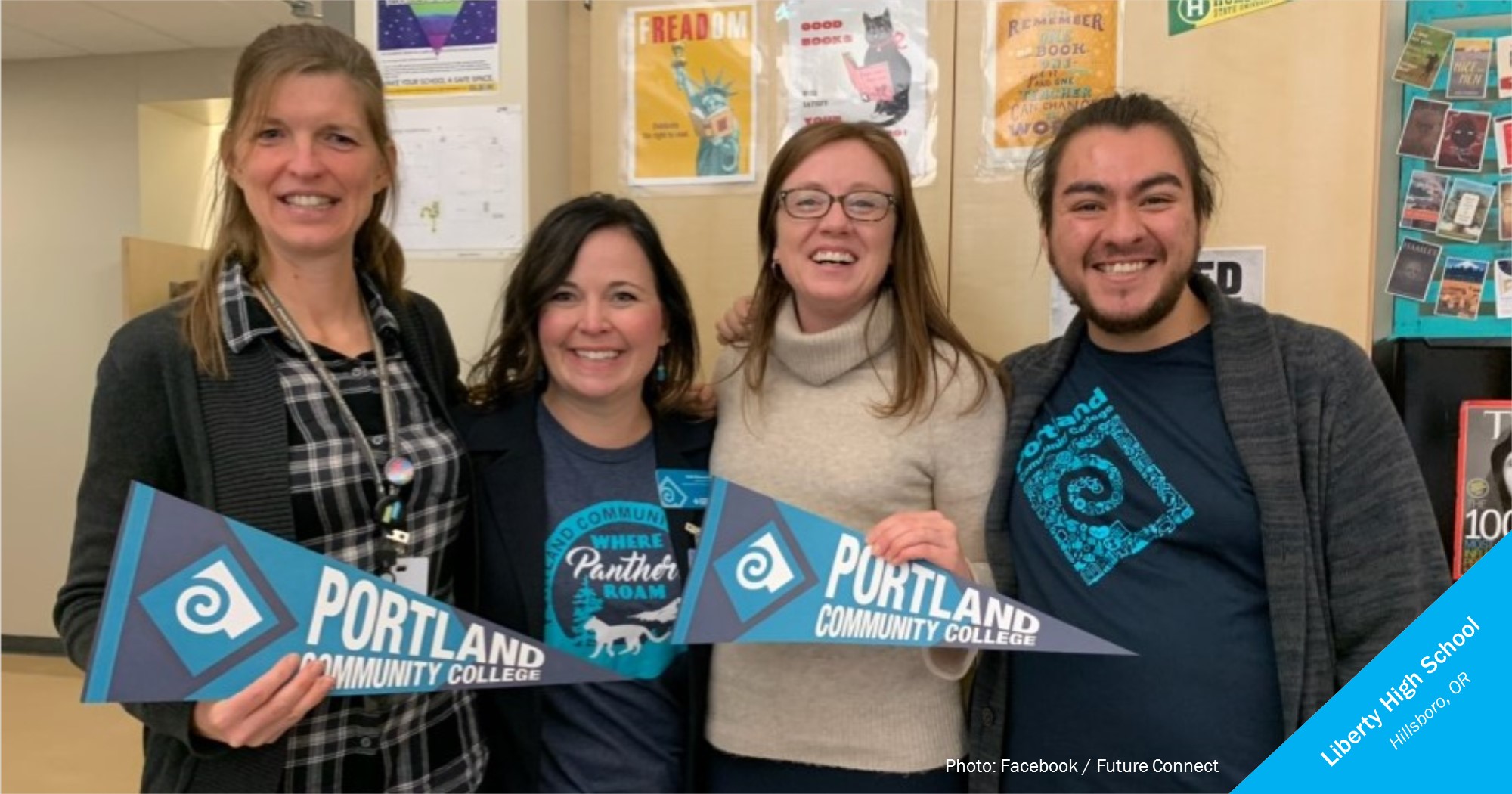 Smiling educators holding Portland Community College pennants