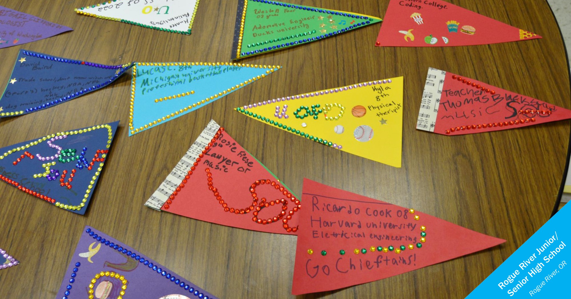 Hand-decorated pennants at Rogue River Junior/Senior High School