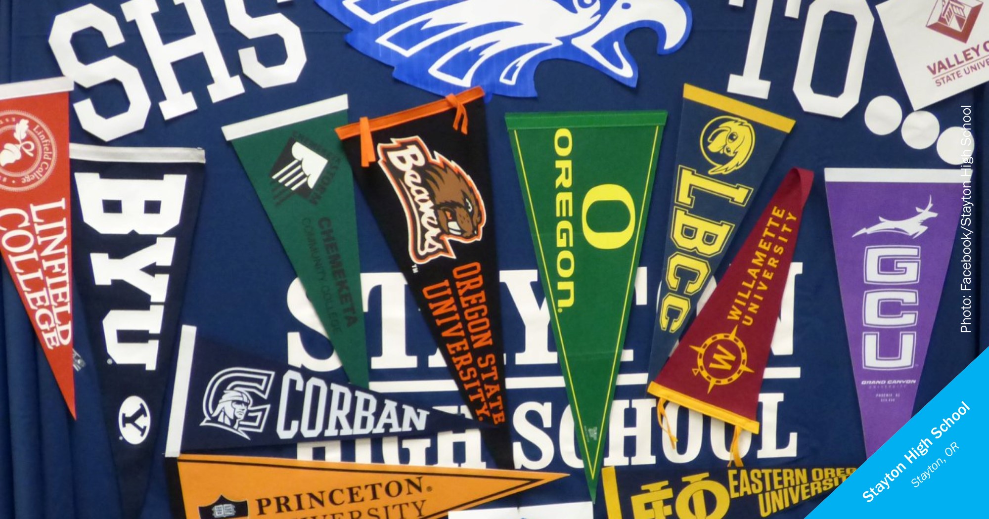 College pennants on a wall at Stayton High School