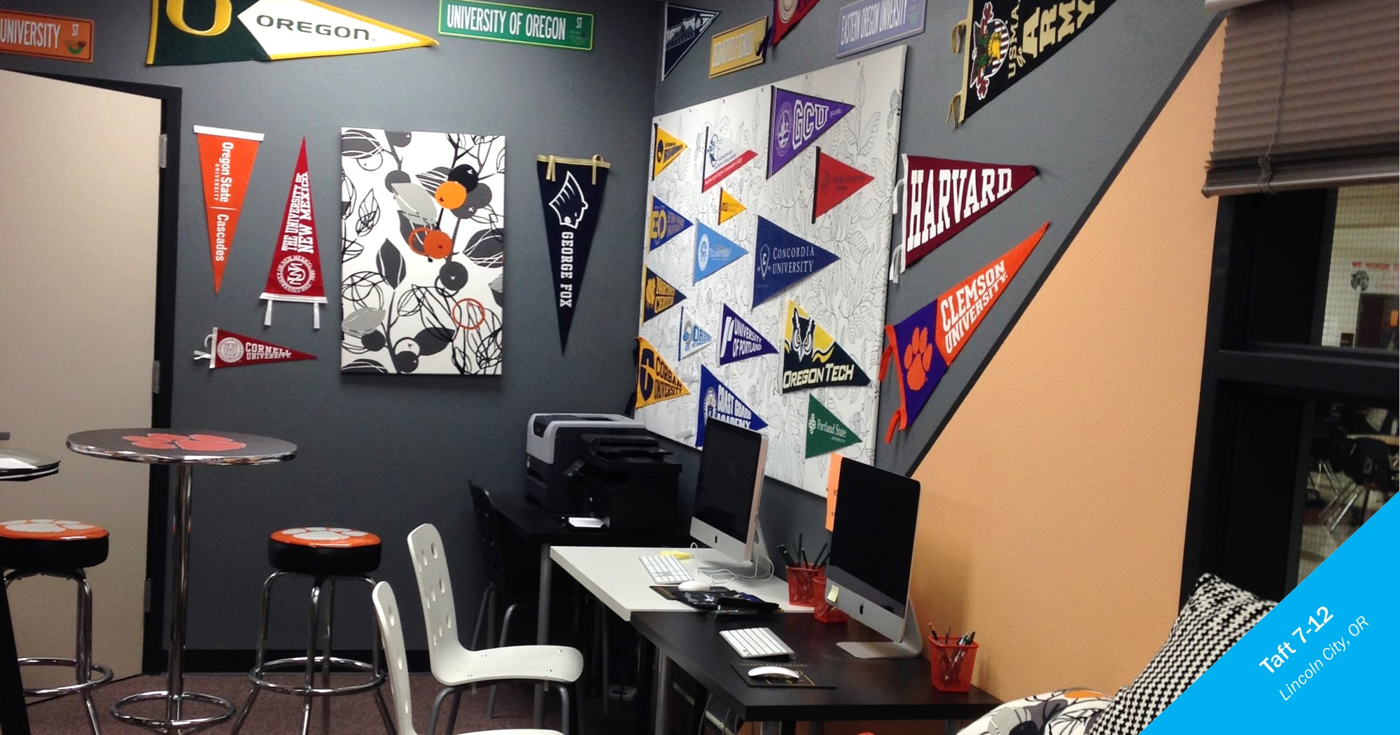 Brightly painted room with college pennants at Taft 7-12