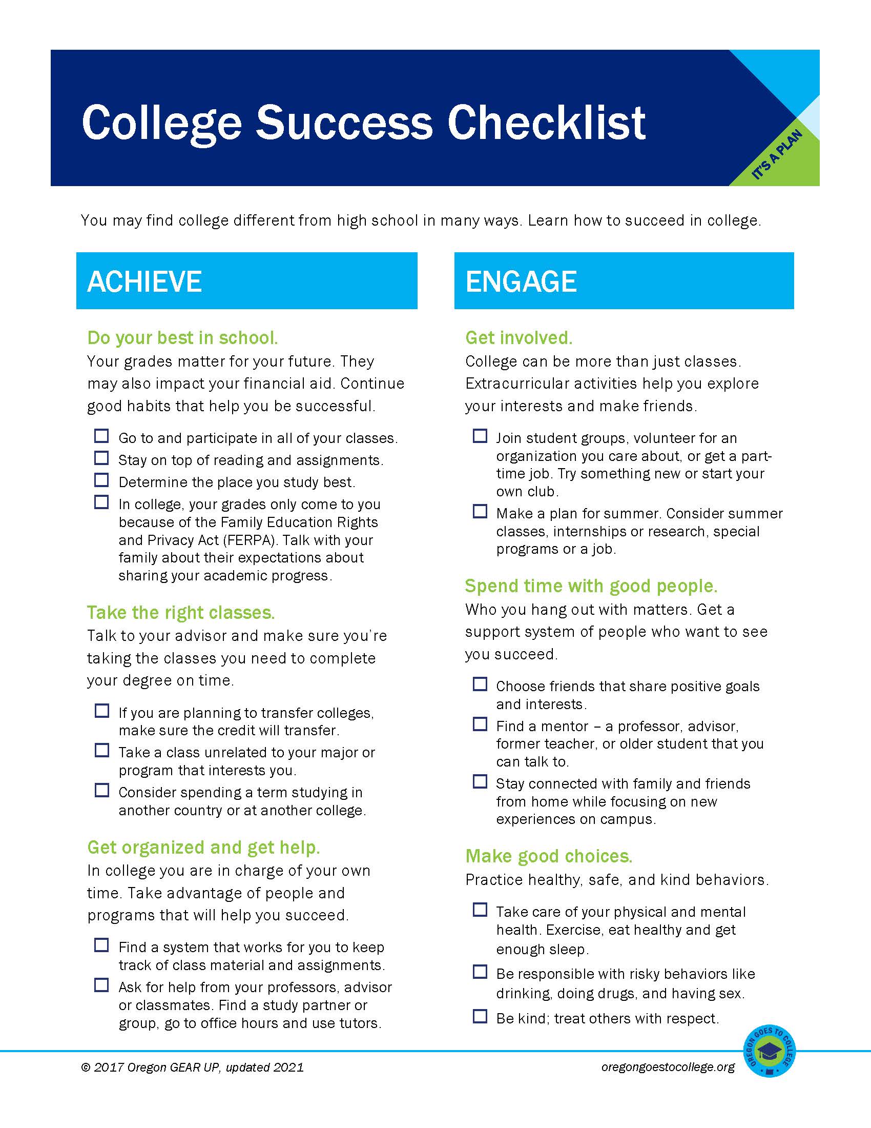 Screenshot of College Success Checklist