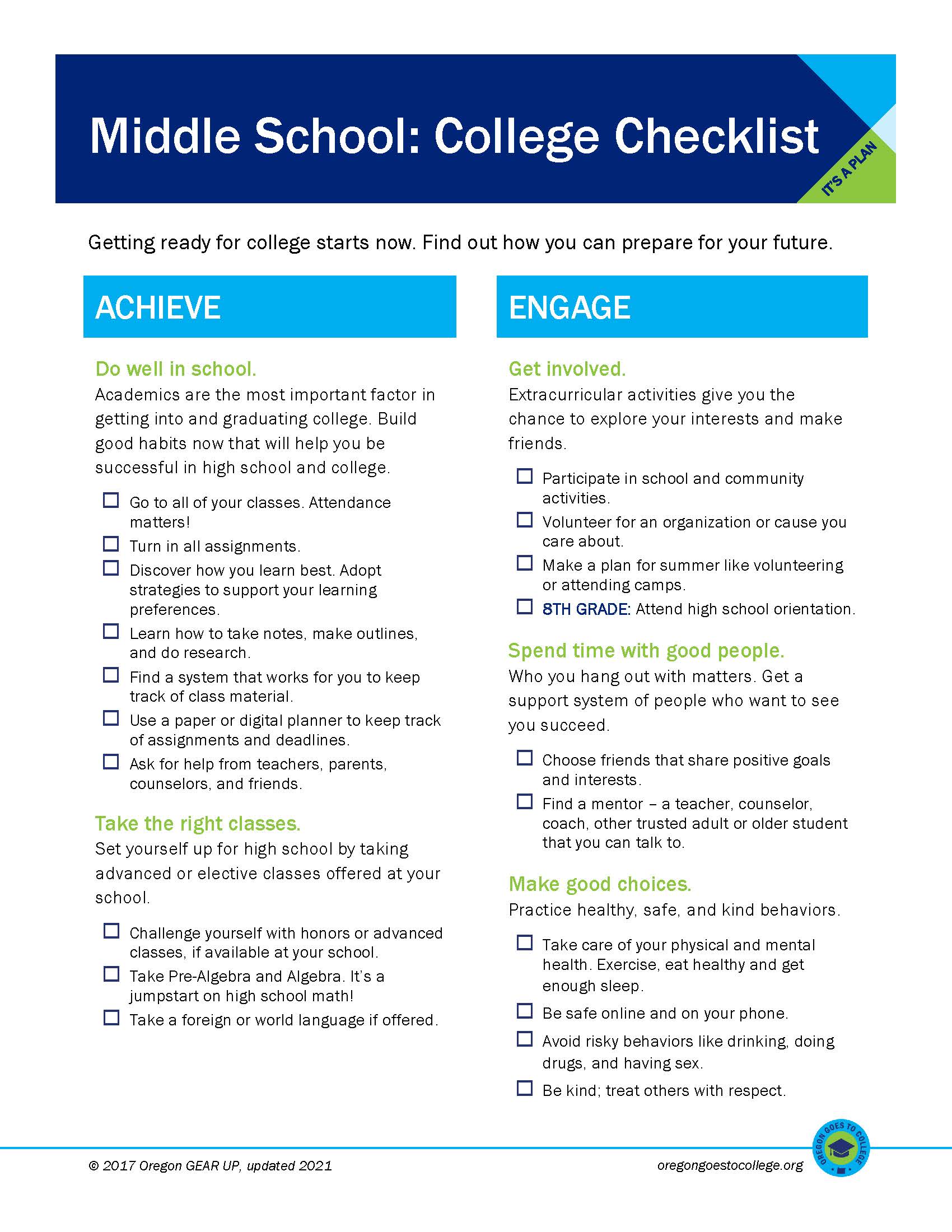 Screenshot of middle school checklist