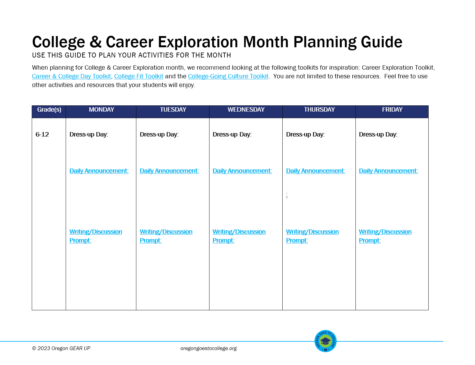 Screenshot of College and Career Exploration Month Planning Guide