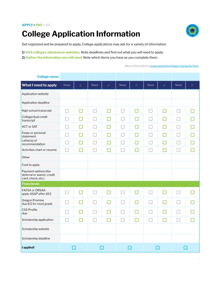 Screenshot of College Application Information