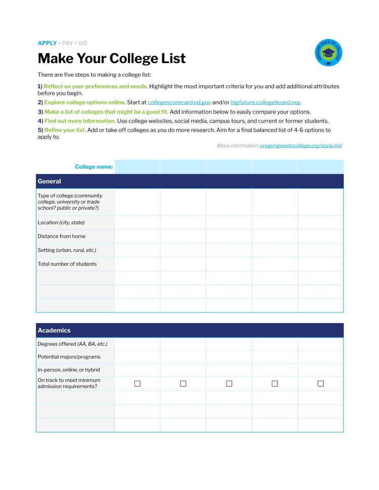 Screenshot of Make Your College List