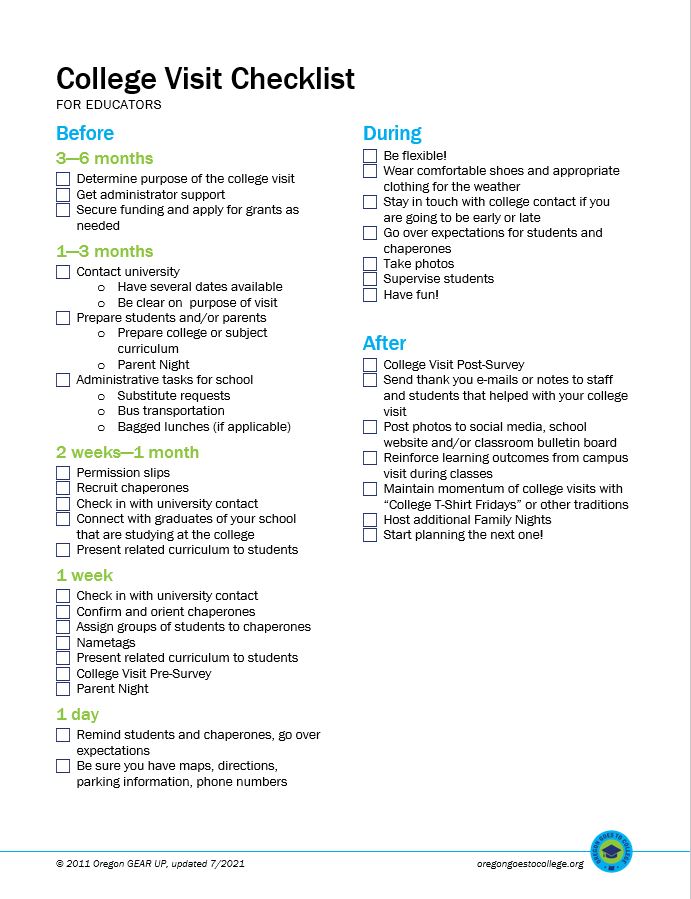 Screenshot of College Visit Checklist