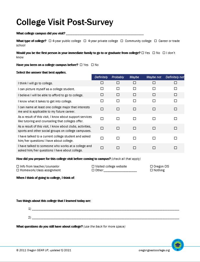 Screenshot of College Visit Post-Survey