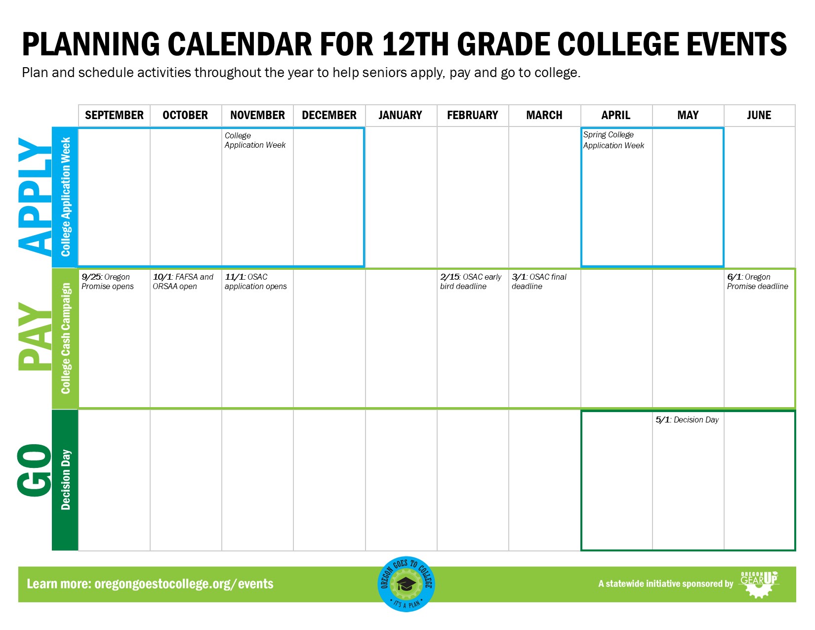 12th grade event planning calendar