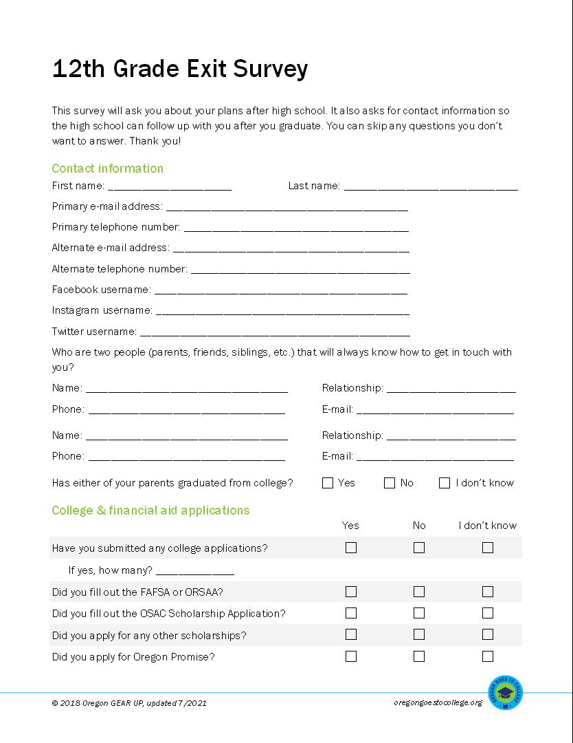 Screenshot of 12th Grade Exit Survey