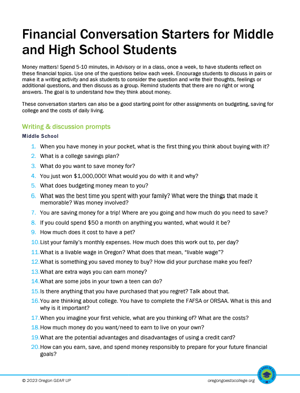 Financial Conversation Starters for Middle and High School Students