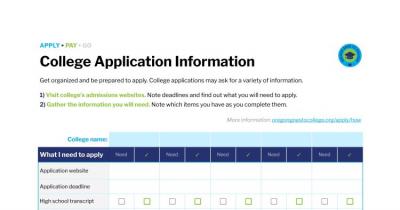 Screenshot of College Application Information