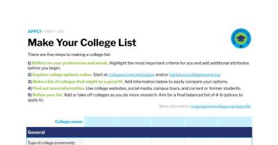 Screenshot of Make Your College List