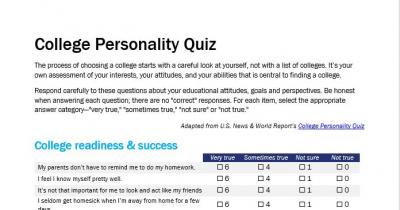 Screenshot of College Personality Quiz