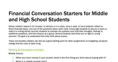 Financial Conversation Starters for Middle and High School Students
